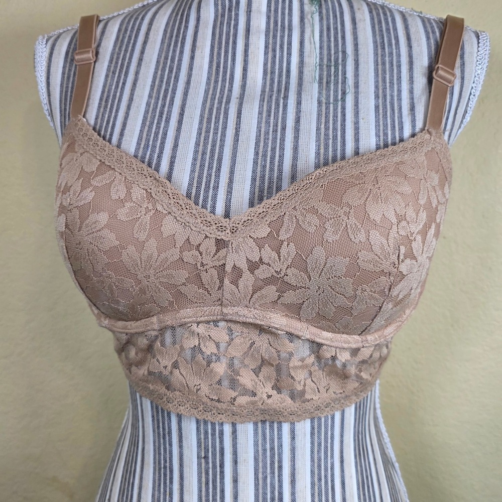 Victoria's Secret PINK Tan Floral Lace Push Up Bralette Longline Size Large